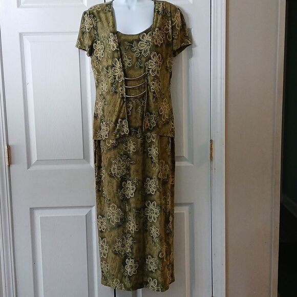 Amanda Lane Vintage  olive green and gold trim floral design maxi dress  Sz  8 - Picture 1 of 7